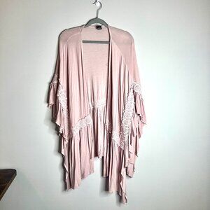 POL Pink Mauve Lace Detail Ruffle Boho Duster Cardigan Shawl Oversized Flowy M/L